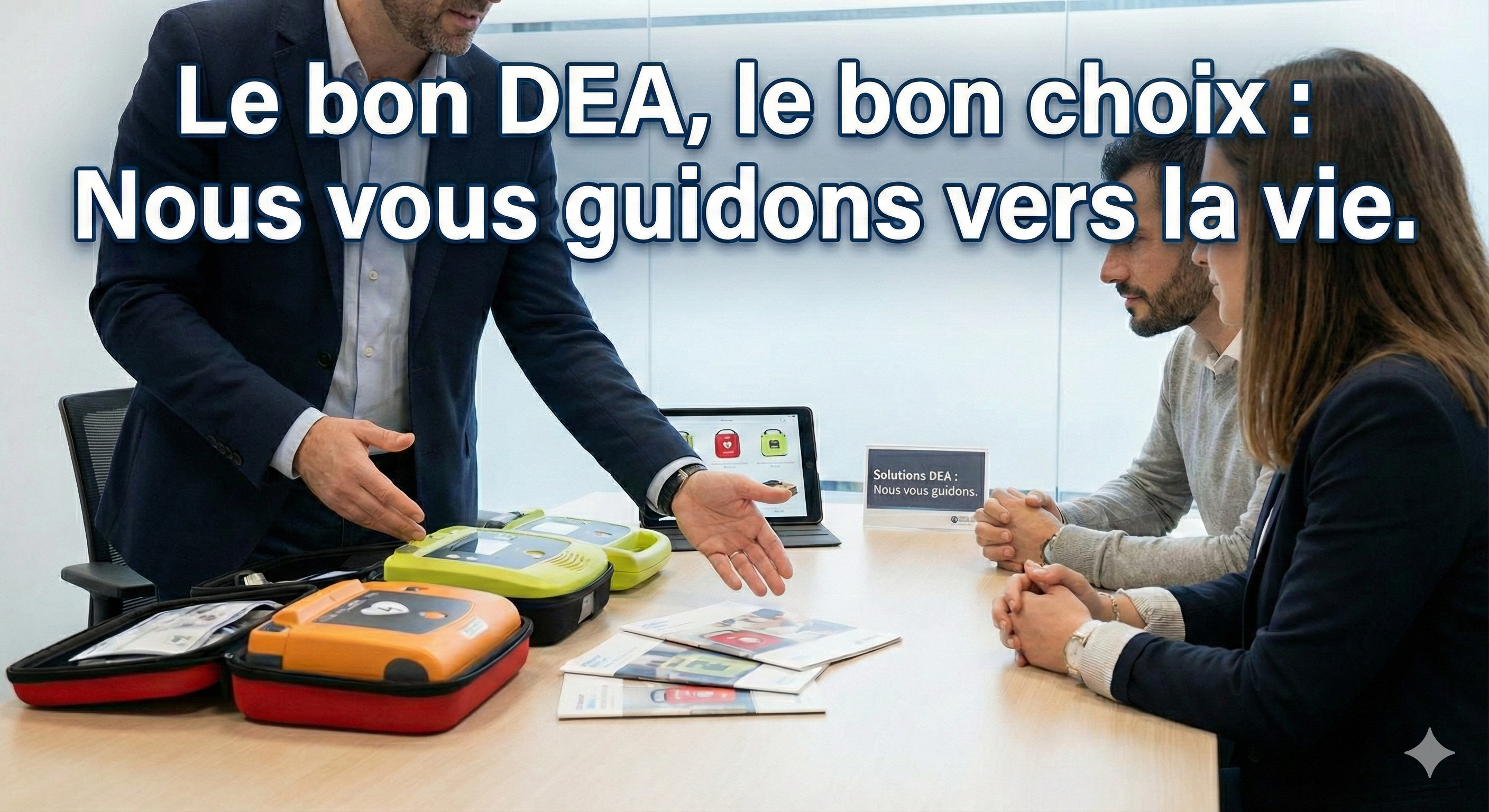 Consultant indépendant conseillant deux clients sur le choix d'un défibrillateur DEA